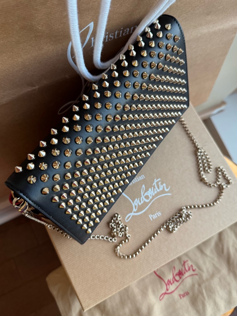 Christian Louboutin Paloma Clutch Crossbody Bag with chain, calf leather, spikes